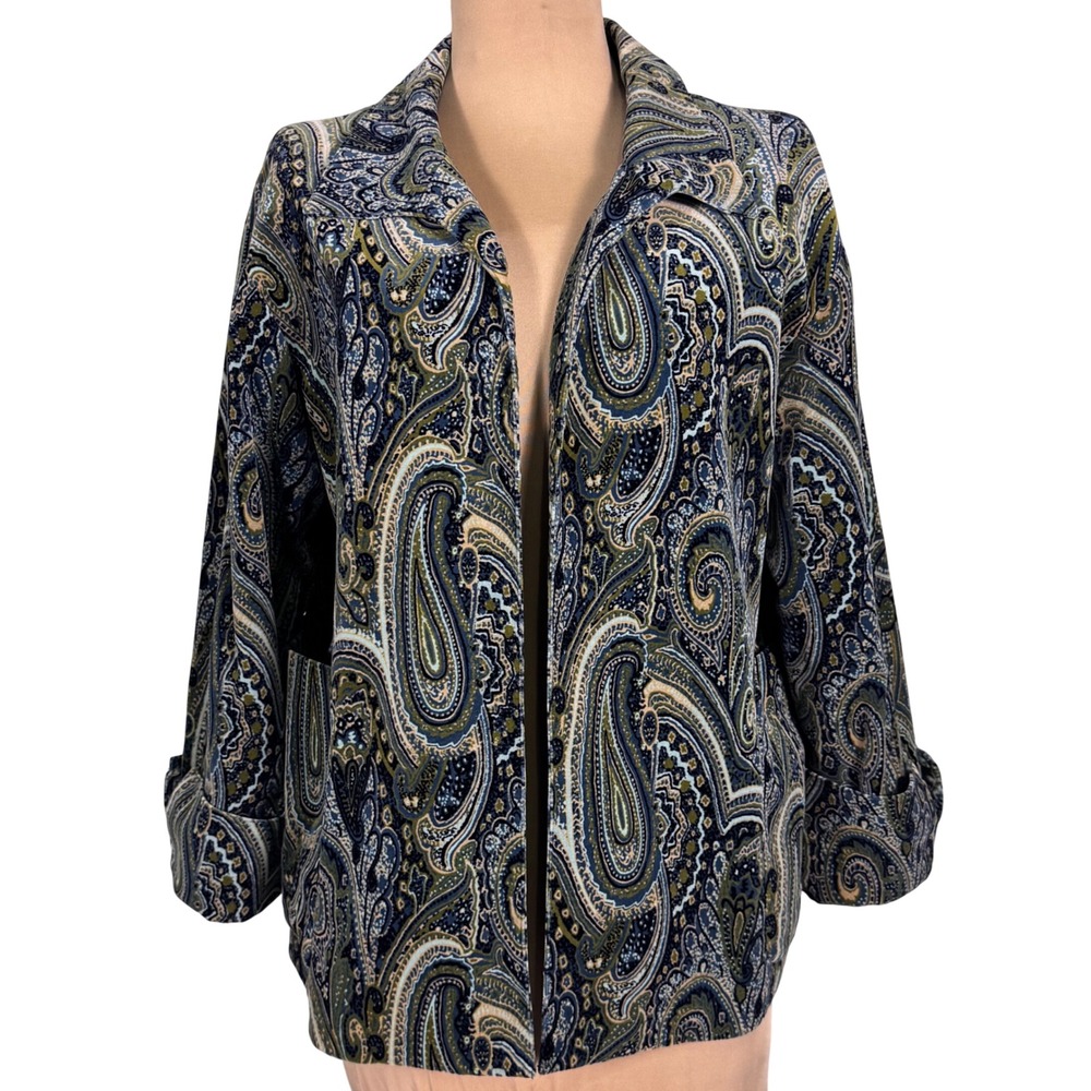 Coldwater Creek VelvetPaisley Jacket Women's PM Blue Green Open Front Lined
